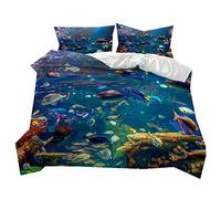 Stillshine Literie pour Enfants Créatif 3D Monde sous-Marin Conque Hippocampe Méduse Poisson rayé Print Doux Housse de Couette Simple 140x200 cm Anti-humidité, Anti-acariens, Lisse Et Confortable