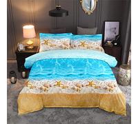 Stillshine Parures de lit Galaxie 3D Planète été Océan Plage Dauphin Ondulation Vert Forêt Impression Numérique Housse de Couette et Taie Bleu Blanc Vert (Plage Étoile de mer, King Size 220x240 cm)