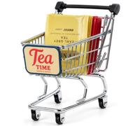 stillverse Support pour sachets de thé, mini panier de courses, chromé, 1 | Plaque vintage « Tea Time » sur le devant et mini chariot de présentation pour sachets de thé, ajoutant une touche amusante