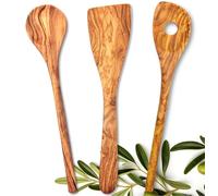 Stilux® Lot de 3 ustensiles de cuisine en bois d'olivier 30 cm | Cuillère ronde, Cuillere percée avec coin et Spatule- Cuillères en bois olivier naturel, très pratique, durable et hygiénique