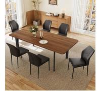 Stilvoller Moderner MDF-Platten Esstisch Mit Stühlen Set Für Das Wohnzimmer (Table couleur noyer 160-200 cm + 6 chaises noires)