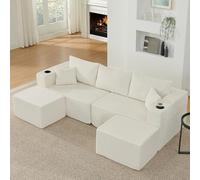 Stimfay Canapé Modulaire, Pliant, Grand 3 Places en Forme De L 243 Cm, Velours Côtelé Doux À 5 Coussins, Adapté Aux Salons, Appartements Et Bureaux(White)