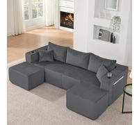 Stimfay Canapé Modulaire, Pliant, Grand 3 Places en Forme De L 243 Cm, Velours Côtelé Doux À 5 Coussins, Adapté Aux Salons, Appartements Et Bureaux(Gray)