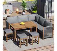 Stimfay Ensemble De Loisirs Jardin, Salon, Groupe Repas, for 8-9 Personnes, Composé 1 Canapé d'angle en L, 3 Tabourets, Table Bois, Tous Coussins Inclus(Gray)