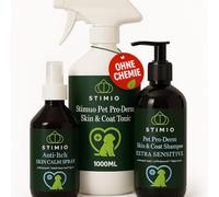 Stimio Kit Soin Chien Contre démangeaisons (3 pièces): Shampoing Peau Sensible 250 ML + Spray Anti-démangeaison 250 ML + Tonique Peau & Pelage 1000 ML XL - probiotique, pH Doux
