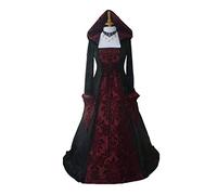 STIOEDYUAN Robe de sorcière victorienne et gothique à capuche pour femmes - Costume de sorcière vampire, sorcière, pour Halloween, costumade - Robe de bal rétro et Renaissance (noir + rouge, taille