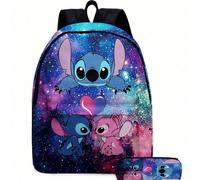 Stitch 2 pièces SET 3D entièrement imprimé Sac d'école Sac à crayons enfants dessin animé Stitch Grande capacité Sac d'école dessin animé Sac à dos pour voyage Sac de rangement, Sac à maquillage, Sac 