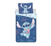 Stitch Aloha Housse de Couette 140x200 + Taie Coton Bleu Chambre Disney | Parure de lit réversible 1 personne | Salut hawaïen, le cœur sur la main | Disney Lilo & Stitch officiel