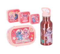 Stitch & Angel Coffret Déjeuner Enfant - Set 5 Pièces avec Boîte à Lunch, 3 Boîtes Snack & Gourde - Rose - Idéal pour l’École, la Crèche & les Sorties - Cadeau Fille dès 3 Ans