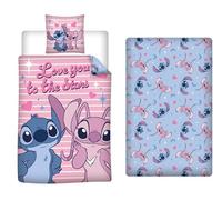 Disney Stitch & Angel Parure de Lit 3 Pièces 140x200 + 65x65 + Drap-Housse 90x200 · Love You to The Stars · Housse de Couette Réversible · Polycoton · Certifié Oeko-TEX® Standard 100