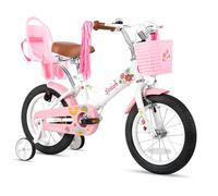 STITCH Bicyclette enfant de 12 pouces pour filles 4-6 ans avec stabilisateur, panier, ruban coloré et siège de poupée，Blanc