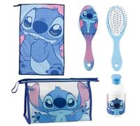 Stitch Ensemble de Voyage Unisexe avec Trousse de Toilette Transparente à Fermeture éclair, Brosse à Cheveux, Bouteille réutilisable et Serviette, Accessoires de Salle de Bain, Licence Officielle