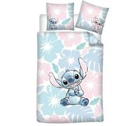 Aymax! Parure de lit Stitch Flowers – Réversible 140x200, taie 65x65, polycoton Oeko-Tex – Bleu/Rose