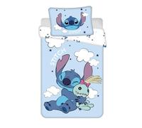 Stitch Housse de Couette Bébé 100x135 + Taie 40x60 Coton Nuages Étoiles | Parure de lit bébé | Coton naturel doux respirant Oeko-Tex | Disney officiel | 0-3 ans | Lit à barreaux | Idée cadeau