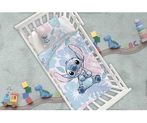 Stitch Housse de Couette Bébé 100x140 + Taie 40x60 Coton Boutons Bleu Rose | Parure de lit bébé réversible | Coton naturel doux respirant Oeko-Tex | Disney | Fermeture boutons | 0-3 ans