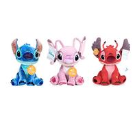 STITCH Lilo&Stitch - Pack 3 Peluches 11'41 "/ 29cm, Angel et Leroy (Bleu, Rose et Rouge) avec Son. Qualité Super Soft