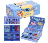 Stitch Mallette de coloriage pour enfants - 52 pièces - Bleu - Avec boîte de couleur, crayons de couleur, feutres et craies de cire - Mallette à dessin à 3 étages - Kit créatif et cadeau pour garçons