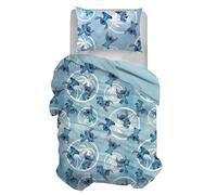 Stitch Parure de lit Simple en Coton, Bleu, Sac 155 x 200, taie d'oreiller 50 x 80, Disney, 100% Coton, Produit Officiel