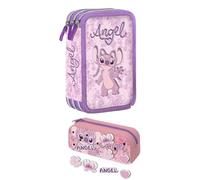 Stitch Trousse scolaire triple ange comprenant 43 pièces Giotto pour filles de l'école primaire + étui en silicone zip avec 4 patchs + porte-clés Stitch