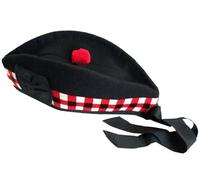 STITCHIFY Bonnet en laine Glengarry Piper écossais - Noir avec toorie rouge et bande en dés, Dés rouges, blancs et noirs, 60