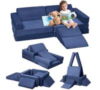STMHOM Canapé d'angle modulable 12 pièces pour Enfants - Mousse Souple avec Housse Velours Lavable - Transformable en Tunnel, cabane ou Coin Lecture - Bleu Marine