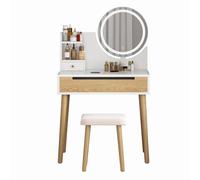 STMHOM Coiffeuse Blanche avec Miroir Rond 40 cm, Tabouret Inclus, 1 tiroir, 2 étagères Ajustables et Station de énergie USB/AC - pour Petite Chambre - Coloris : Blanc Version européenne