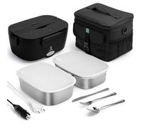 STN Gamelle Chauffante 80w Lunch Box Chauffante avec 2 Récipients De 1,5l En Inox,Sac Isotherme De 10 Litres,Couverts pour 12v 24v 220v
