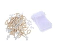 STOBAZA 40 Chapelets de Baptême en Perles de Bois avec Pendentif Croix Bracelets Chapelet pour Première Communion avec Pochettes en Filet Présents de Naissance et Baptême