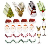 STOBAZA 80 Marque-verres à Vin en Bois Décoratifs Noël Breloques Assorties Père Noël Renne Bonhomme de Neige Sapin Cloche 80 Pièces Ornement Festif pour Verre à Vin Fête et Repas