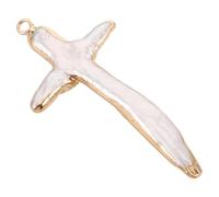 STOBAZA Pendentif Croix en Perles D’Eau Douce Naturelles Baroques 20X40-30X45 MM Blanc Bord Doré, Breloques DIY pour Bracelets, Colliers et Créations Artisanales, Fournitures Bijoux