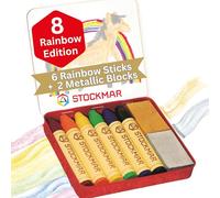 Stockmar Crayons de cire - Édition arc-en-ciel avec 6 crayons de couleur multicolores et 2 blocs de cire, emballés dans un étui en tôle pratique, idéal pour la maternelle, convient aux enfants à