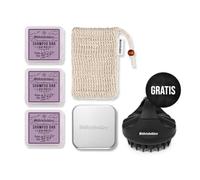 Störtebekker Kit de douche de qualité supérieure - Shampooing solide bois de santal (x3), sachets en sisal, boîte à savon en aluminium + brosse à cuir chevelu - Fabriqué à la main (lavande)