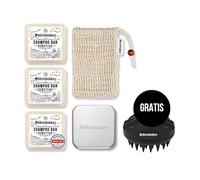 Störtebekker® Kit de douche de qualité supérieure - Shampooing solide sensible au pH neutre (x3), sachets en sisal, boîte à savon en aluminium + brosse scalp gratuite - Kit de shampooing pour cheveux