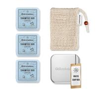 Störtebekker Kit de douche premium - Shampooing solide Crusoe (x3), sachets en sisal + boîte à savon en aluminium - Kit shampoing pour cheveux, cuir chevelu et barbe - Fabriqué à la main dans une