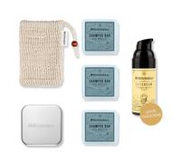 Störtebekker Kit de routine de douche - Shampooing solide x 3, sachets en sisal, boîte à savon en aluminium + crème de jour gratuite - Kit de barre de shampoing pour cheveux et corps (Sea Breeze)