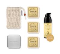 Störtebekker Kit de routine de douche - Shampooing solide x 3, sachets en sisal, boîte à savon en aluminium + crème de jour gratuite - Kit de barre de shampoing pour cheveux et corps (Sandalwood)