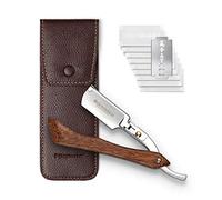 Störtebekker Rasoir de barbier avec étui en cuir fait main + pierre d'alun et 10 lames - rasoir barbe homme de qualité supérieure - kit rasage - rasoir homme (Bois - Café)