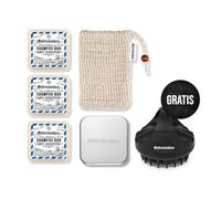 Störtebekker Set de douche de qualité supérieure - Shampooing solide bois de santal (x3), sachets en sisal, boîte à savon en aluminium + brosse à cuir chevelu - Fabriqué à la main (anti-pelliculaires)