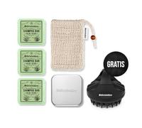 Störtebekker Set de douche de qualité supérieure - Shampooing solide bois de santal (x3), sachets en sisal, boîte à savon en aluminium + brosse à cuir chevelu - Fabriqué à la main (Aloe Vera)