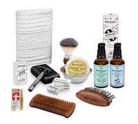 Störtebekker Set de rasage tout-en-un - blaireau, savon, bol, huile de rasage, lames, serviette de rasage, pierre d'alun, huile à barbe, peigne et brosse à barbe (Rasoir (Noir) - Étui (Noir))