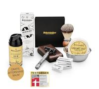 Störtebekker® Set Rasage anti-irritation + After Shave gratuit - Pour un rasage parfait - avec un rasoir, lames de rasoir, blaireau, un bol, un savon + free After Shave (Rasoir (Noir) - Étui (Café))