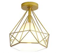 STOEX Plafonnier rétro cage forme diamant 25cm, style industriel vintage en métal fer, luminaire ampoules E27 pour salon chambre restaurent couloir café bar (Doré)