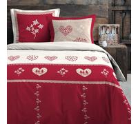 Stof Parure de Lit Montagne, Housse de Couette 240x220 cm avec 2 Taies d'oreiller 63x63 cm, Motif Cœurs et Fleurs, Rouge et Blanc, 100% Coton