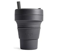 STOJO On-The-Go Biggie Tasse à café pliable avec couvercle - 473 ml - Tasse de voyage réutilisable et pliable en silicone - Portable, format de poche - Passe au lave-vaisselle - Carbone