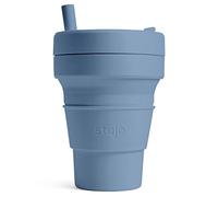STOJO on-The-Go Biggie Tasse à café Pliable avec Couvercle - 473 ML - Tasse de Voyage réutilisable et Pliable en Silicone - Portable, Format de Poche - Passe au Lave-Vaisselle - Bleu Acier
