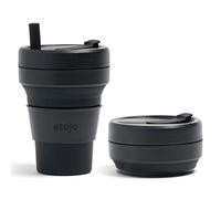 STOJO Tasse à café pliable - Grande tasse de voyage réutilisable - Encre noire, 470 ml - avec paille S2-INK C