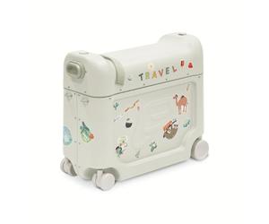 Stokke JetKids™ BedBox™ Valise Enfant à roulettes et Lit, Vert Mer | Valise cabine à roulettes sur laquelle l'enfant s'assoit, se transforme en lit en avion, de 2 à 7 ans, matelas inclus.