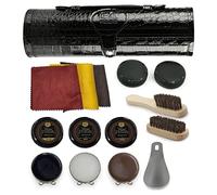 Stone and Clark Kit Cirage Chaussure Cuir 12 Pièces avec Cire Noire, Marron et Neutre, Brosses Crin de Cheval, Chiffons de Lustrage, Chausse-Pied et Éponges dans Étui Cuir PU Noir Texturé