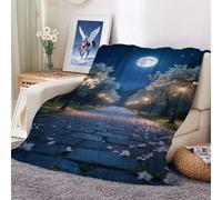Stone Pavement and Cherry Blossom Trees Under The Moon Pattern Print Blanket,Ultra-Soft Flannel Luxurious Blankets Cover Four Seasons Lightweight Sofa/Bed. 100x130cm