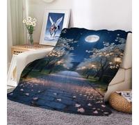 Stone Pavement and Cherry Blossom Trees Under The Moon Pattern Print Blanket,Ultra-Soft Flannel Luxurious Blankets Cover Four Seasons Lightweight Sofa/Bed. 100x130cm